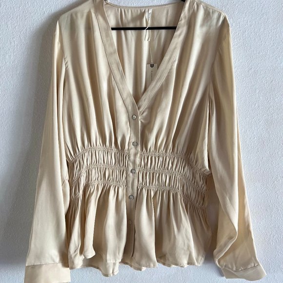 Anthropologie Smocked Satin Blouse Top Large MSRP Large $98 NWT - Picture 10 of 16